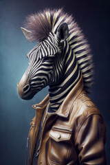 Zebra in leather jacket with mohawk on it's head. Generative AI.