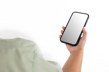 Mobile phone blank screen isolated on white background and banner. Female hand holding mock up smartphone.