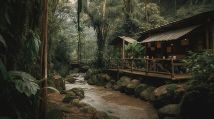 Fototapeta na wymiar Coffee shop or village in the jungle forest