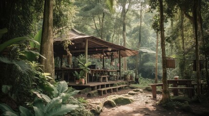 Fototapeta na wymiar Coffee shop or village in the jungle forest