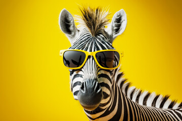 Close up of zebra wearing pair of sunglasses with yellow background. Generative AI.