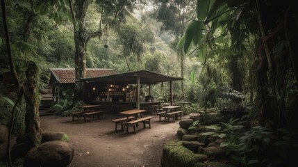 Coffee shop or village in the jungle forest