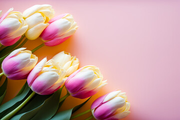 Bunch of pink and yellow tulips on pink and yellow background. Generative AI.