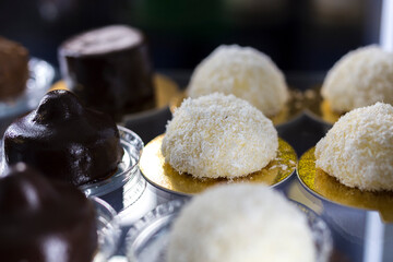 White round cakes on display.