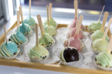 Cake pops. Mini cake on a stick. Сake on showcase.