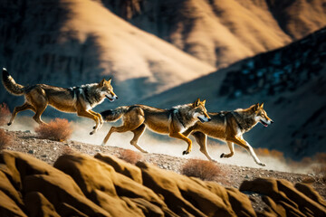 Group of three wolfs running across dirt field with mountains in the background. Generative AI.