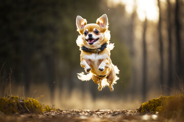 Small dog jumping in the air with its mouth open and tongue out. Generative AI.