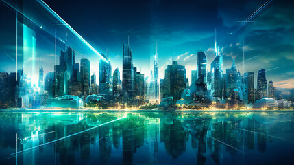A stunning futuristic city skyline demonstrating advanced waste management and sustainable design elements