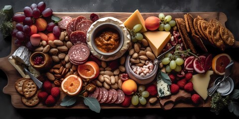 Obraz na płótnie Canvas Flat lay of a charcuterie board: Cured meats, cheeses, crackers, fruits, and nuts in an artistic manner for an appetizing and visually appealing charcuterie board. Generative Ai.