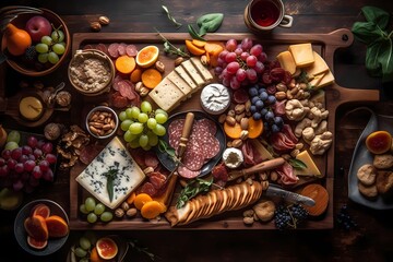 Obraz na płótnie Canvas Flat lay of a charcuterie board: Cured meats, cheeses, crackers, fruits, and nuts in an artistic manner for an appetizing and visually appealing charcuterie board. Generative Ai.