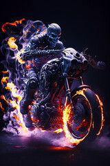 Man riding motorcycle on top of fire filled motorcycle with skull on the back of the bike. Generative AI.