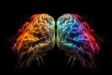 Futuristic human brain on black background. Digitally generated AI image