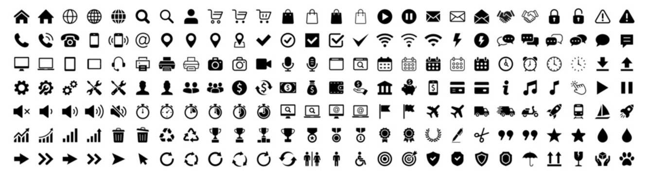 Web icons collection. Web icon. Simple flat icons set. Contact, Communication, Device, Shopping, Mail, Business, Arrows, Growth, Finance icon. Vector