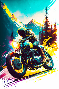Image of person riding motorcycle on road with mountains in the background. Generative AI.