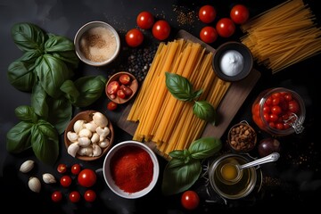 Obraz na płótnie Canvas Flat lay of ingredients for a popular pasta dish: Pasta, tomato sauce, fresh basil, garlic, Italian pasta spaghetti alla puttanesca or penne arrabbiata. Generative Ai.