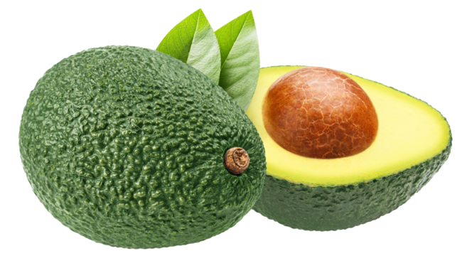 Delicious avocado fruits with leaves, cut out