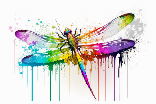 Colorful dragon flys through the air with paint splatters on it. Generative AI.