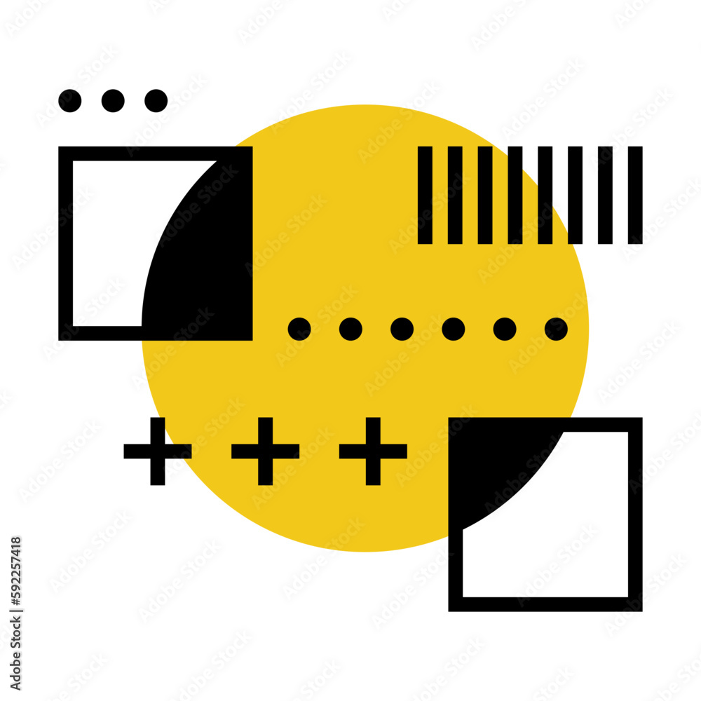 Poster modern black geometric shapes in minimal style and basic form with yellow circle vector composition