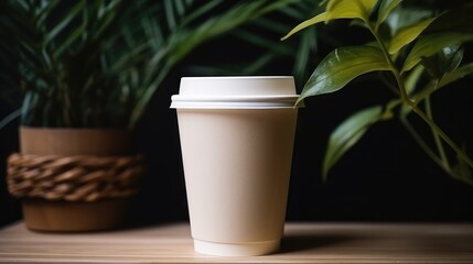 Coffee cup mock up on background with leafs