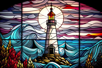 Stained glass lighthouse design - generative ai