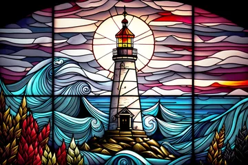 Papier Peint photo autocollant Coloré Stained glass lighthouse design - generative ai