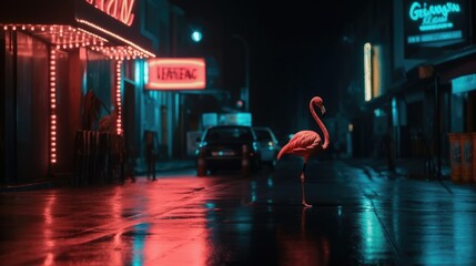 Flamingo on the street of city with neon signs