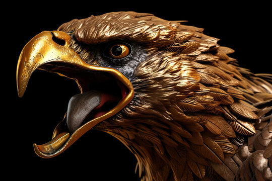Golden bald eagle on black backdround. Digitally generated AI image