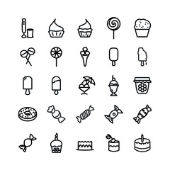 dessert line icon set with cake, ice cream, candy