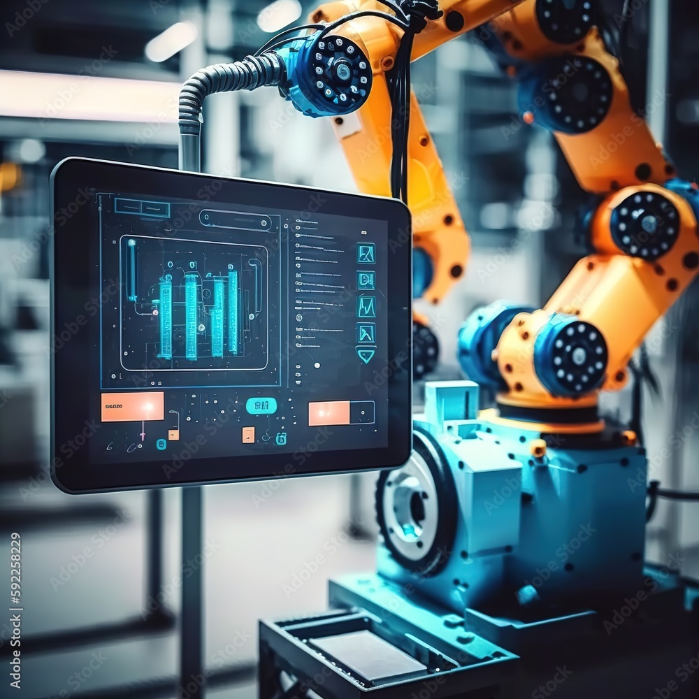 Aufkleber automation robot arms machine on modern virtual interface data real time in intelligent factory, man