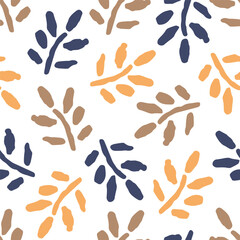 Simple floral vector seamless pattern. Orange, brown branches, dry foliage on a white background. For fabric prints, textiles. Autumn-winter collection.