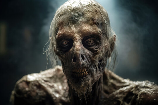 Rotten zombie face close-up. Not an actual real person. No image prompts were used. Digitally generated AI image