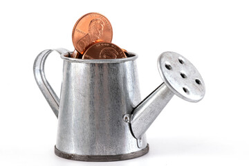 Miniature watering can with coins in denominations of 1 American cent on a white background © Max Zolotukhin