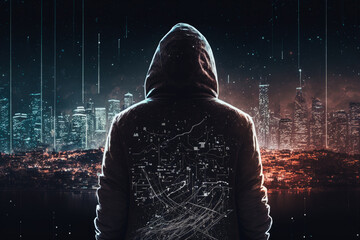 Man standing in front of cityscape with hoodie over his head. Generative AI.