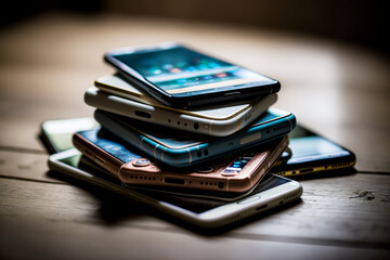 Stack of cell phones sitting on top of each other on top of table. Generative AI.