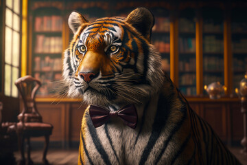 Tiger with bow tie standing in front of bookshelf filled with books. Generative AI.