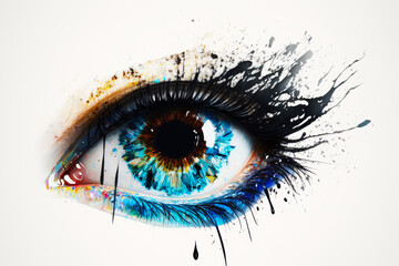 Close up of eye with paint splatters all over it. Generative AI.