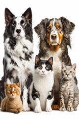 Group of dogs, cats and kittens sitting next to each other. Generative AI.