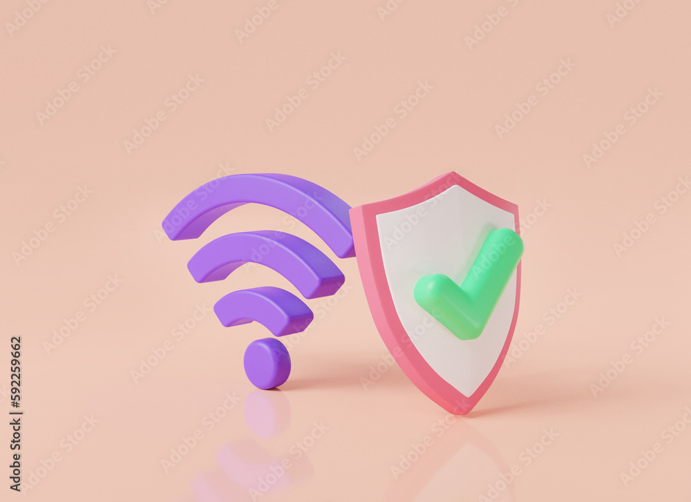Poster wifi icon with shield protection and check mark. internet and private network, wi-fi symbol, wireles