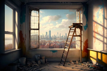 Ladder leaning against window in room with view of city. Generative AI.