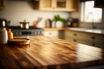 Fototapeta na wymiar Wooden cutting board sitting on top of counter top in kitchen. Generative AI.
