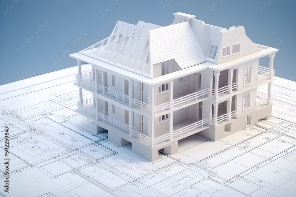 Aufkleber building project architecture blueprint plans and house model. real estate. generative ai