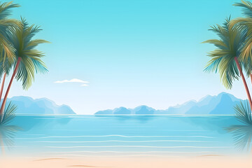 Fototapeta na wymiar calm quiet summer sea beach wide ocean view with high palm , generative AI