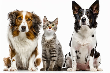 Two dogs and cat sitting next to each other in front of white background. Generative AI.