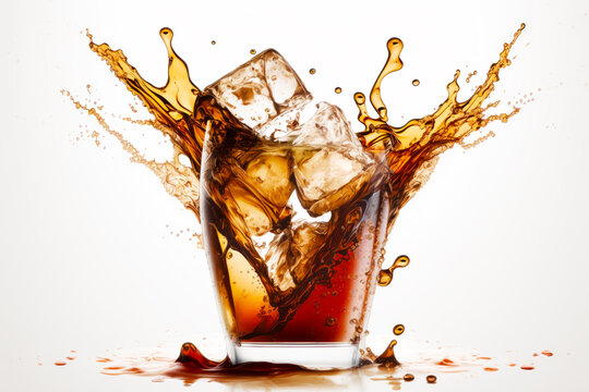Glass of cola with ice cubes splashing out of the top. Generative AI.