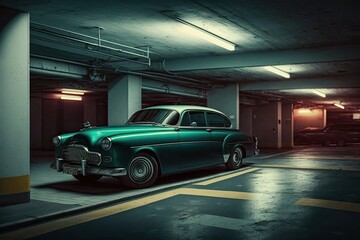 Fototapeta na wymiar vintage car parked in an underground parking lot with modern and sleek surroundings, created with generative ai