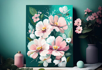 Beautiful blooming flowers painting greeting card. Digitally generatedAI image