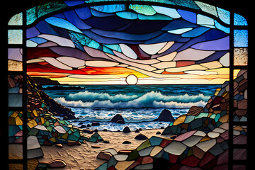 Stained glass sunset beach design - generative ai