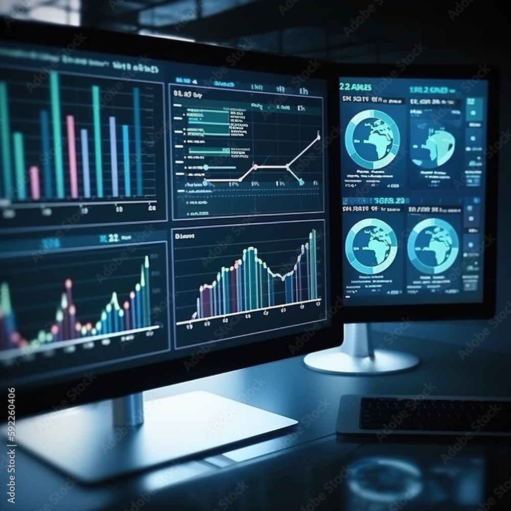 Poster market graphs, computerized business analytics and data management system. generative ai