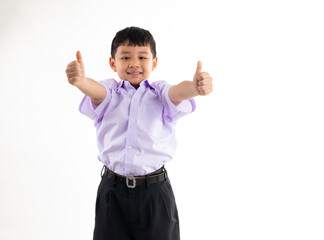 Excited happy smilling boy thumb up. Thai school uniform with backpack bag. Portrait Young Asian cute boy standing on white background banner. Back to school.