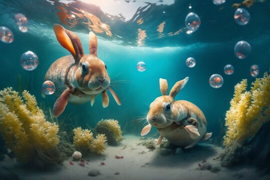 Easter vacation travel with cute bunnies hunting for Easter eggs underwater. Generative AI